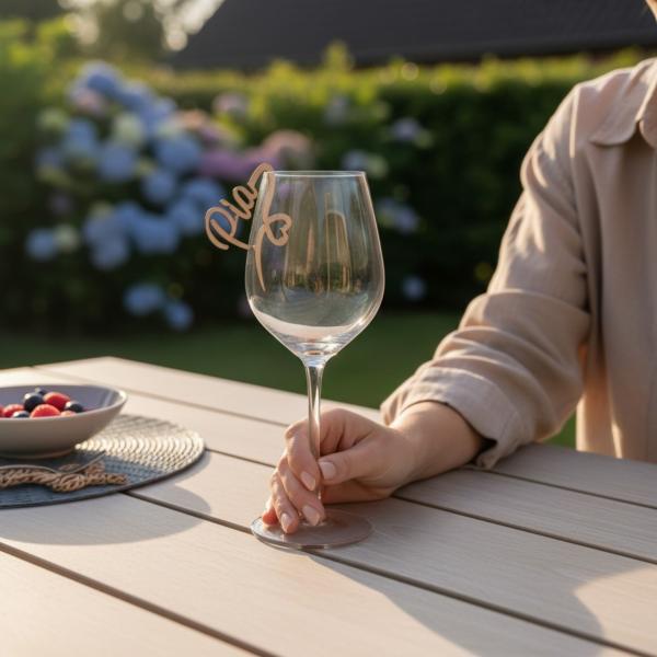 Filigran gelaserter Holzname mit Herzanhänger, klar und minimalistisch präsentiert.